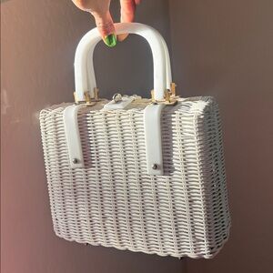 Vintage 1960s White Wicker Box Purse w/ Lucite Handles | Mid-Century Handbag